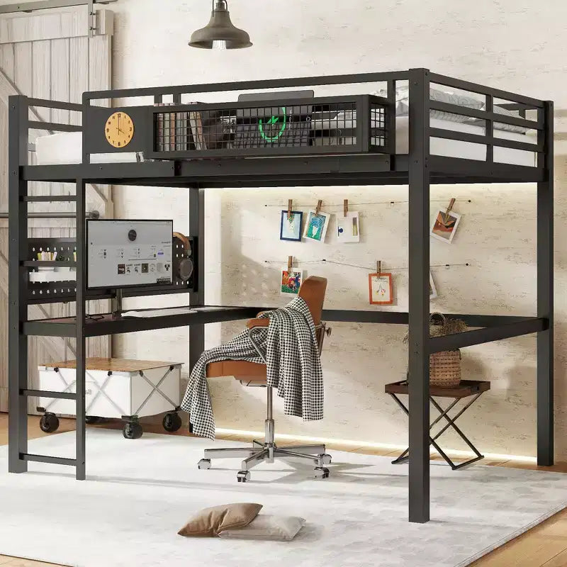 Lit mezzanine en métal Bellemave avec bureau et panneau perforé, horloge et station de charge intégrées, panier de rangement, cadre moderne peu encombrant, tailles Twin XL et Full