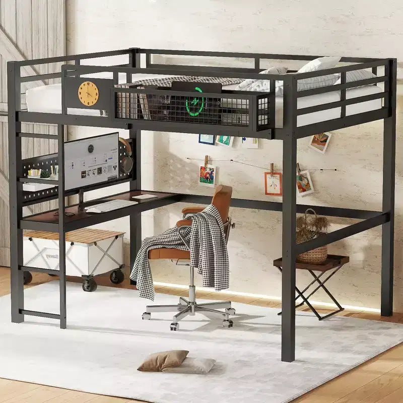 Lit mezzanine en métal Bellemave avec bureau et panneau perforé, horloge et station de charge intégrées, panier de rangement, cadre moderne peu encombrant, tailles Twin XL et Full