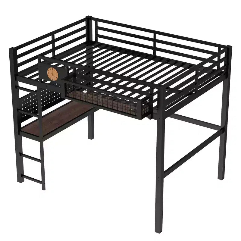 Lit mezzanine en métal Bellemave avec bureau et panneau perforé, horloge et station de charge intégrées, panier de rangement, cadre moderne peu encombrant, tailles Twin XL et Full