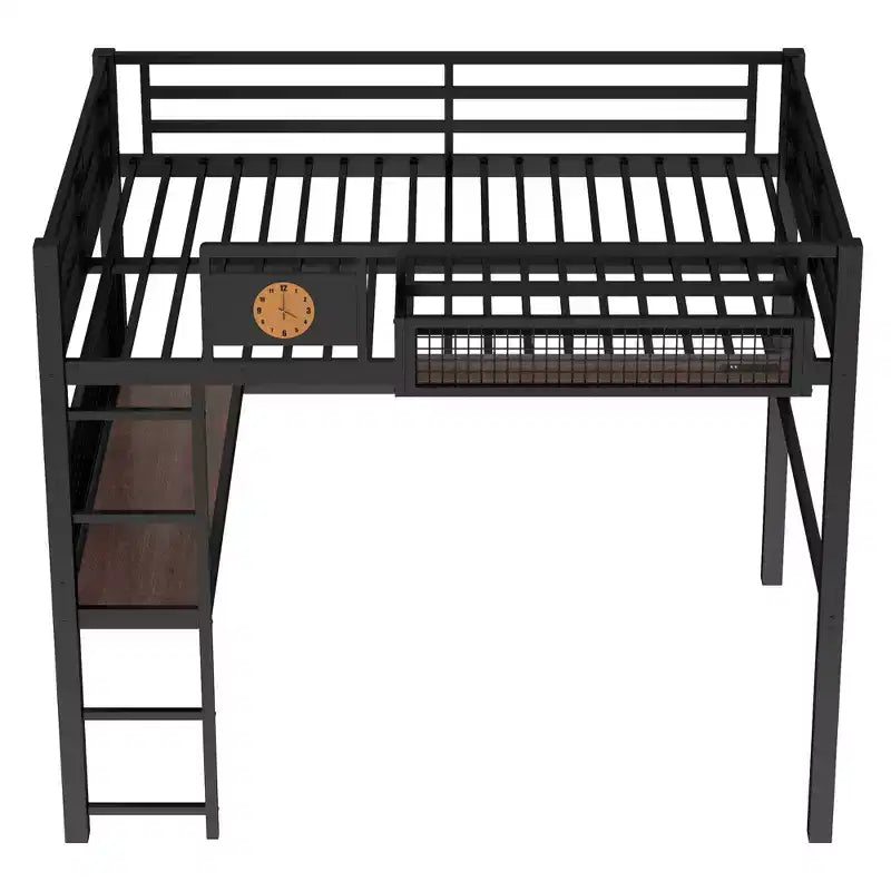 Lit mezzanine en métal Bellemave avec bureau et panneau perforé, horloge et station de charge intégrées, panier de rangement, cadre moderne peu encombrant, tailles Twin XL et Full