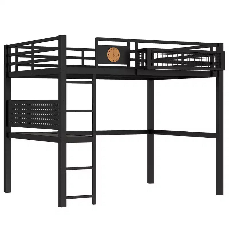 Lit mezzanine en métal Bellemave avec bureau et panneau perforé, horloge et station de charge intégrées, panier de rangement, cadre moderne peu encombrant, tailles Twin XL et Full