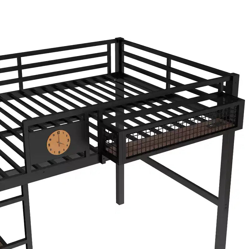 Lit mezzanine en métal Bellemave avec bureau et panneau perforé, horloge et station de charge intégrées, panier de rangement, cadre moderne peu encombrant, tailles Twin XL et Full