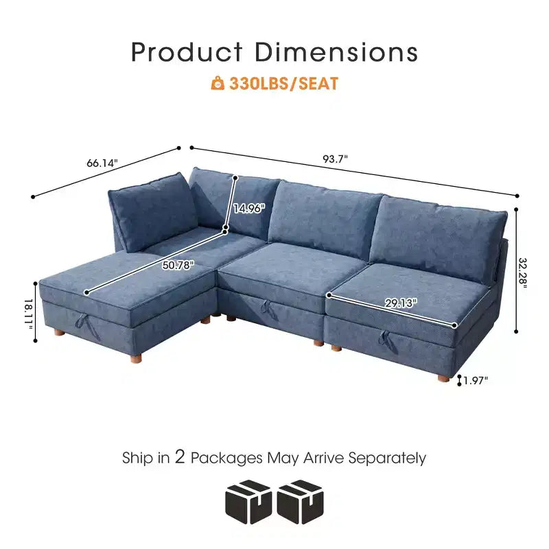 GDFStudio Zayne Canapé modulaire sectionnel convertible moderne à 4 places en tissu avec rangement