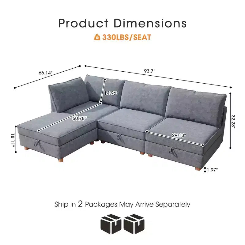 GDFStudio Zayne Canapé modulaire sectionnel convertible moderne à 4 places en tissu avec rangement