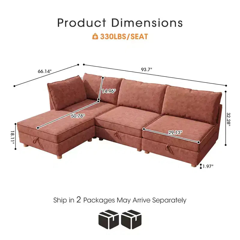 GDFStudio Zayne Canapé modulaire sectionnel convertible moderne à 4 places en tissu avec rangement