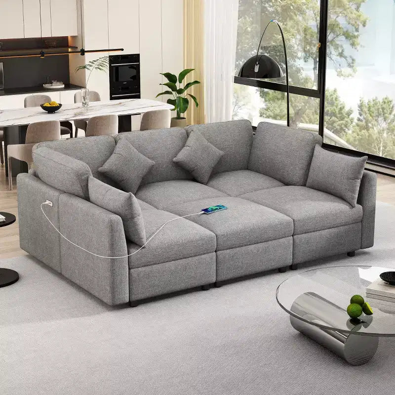 86.6 Canapé Sectionnel Canapé Modulable Canapé-lit Canapé en L avec un Pouf Mobile et Deux Ports USB