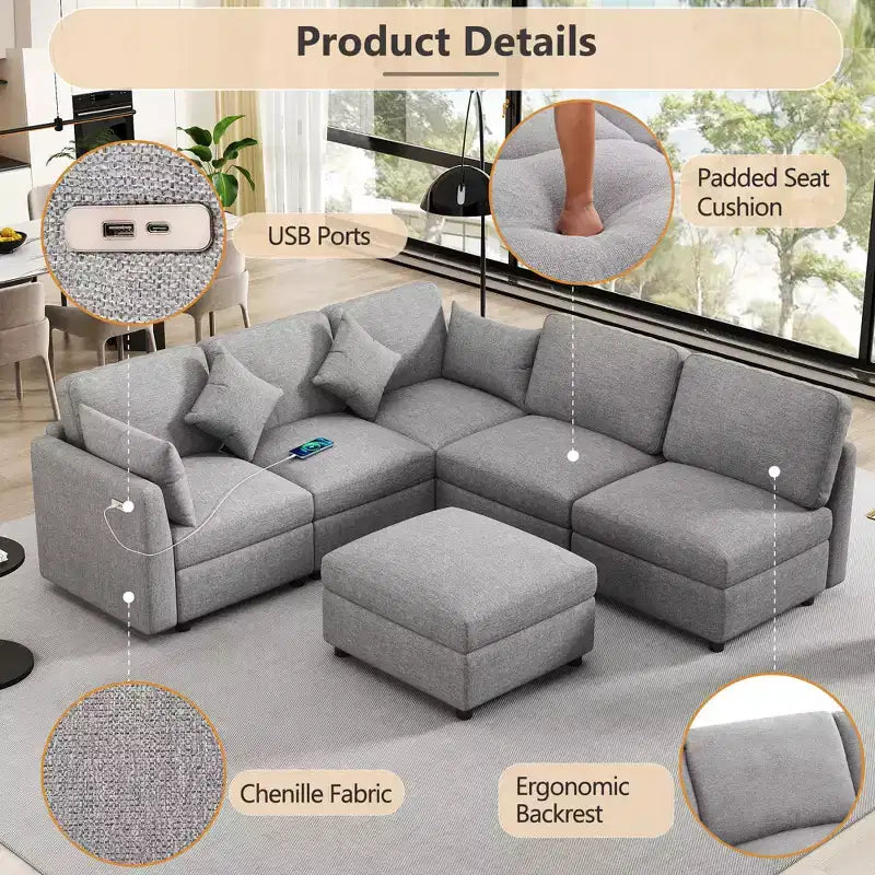 86.6 Canapé Sectionnel Canapé Modulable Canapé-lit Canapé en L avec un Pouf Mobile et Deux Ports USB