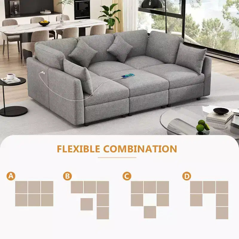 86.6 Canapé Sectionnel Canapé Modulable Canapé-lit Canapé en L avec un Pouf Mobile et Deux Ports USB