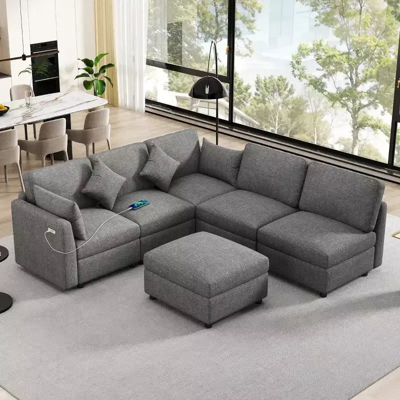 86.6 Canapé Sectionnel Canapé Modulable Canapé-lit Canapé en L avec un Pouf Mobile et Deux Ports USB