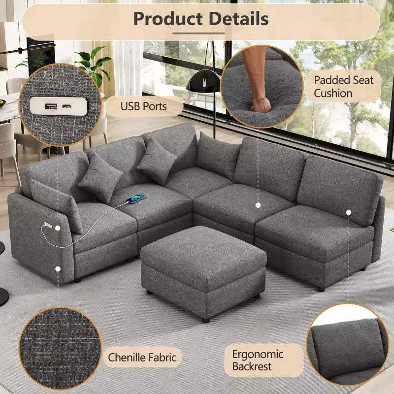 86.6 Canapé Sectionnel Canapé Modulable Canapé-lit Canapé en L avec un Pouf Mobile et Deux Ports USB