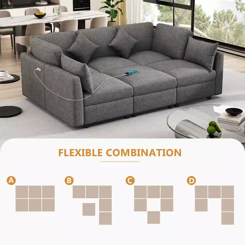 86.6 Canapé Sectionnel Canapé Modulable Canapé-lit Canapé en L avec un Pouf Mobile et Deux Ports USB