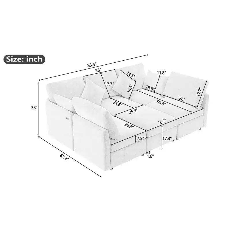 86.6 Canapé Sectionnel Canapé Modulable Canapé-lit Canapé en L avec un Pouf Mobile et Deux Ports USB