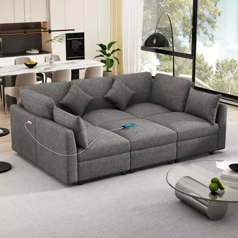 86.6 Sectional Sofa Modular Sofa Couch Sofa Bed L-shaped Sofa with a Movable Ottoman and Two USB Ports