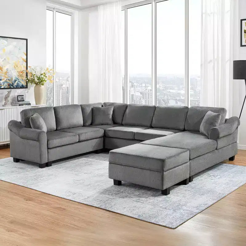 Canapé d'angle 111,8" Canapé en U en chenille avec pouf de rangement mobile, gris foncé