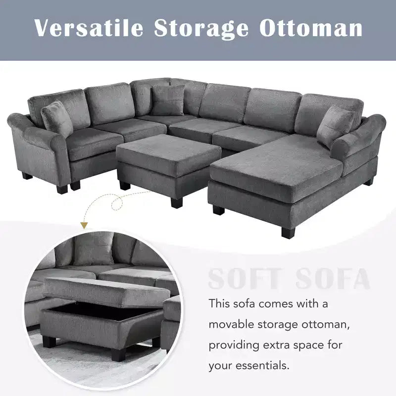 Canapé d'angle 111,8" Canapé en U en chenille avec pouf de rangement mobile, gris foncé