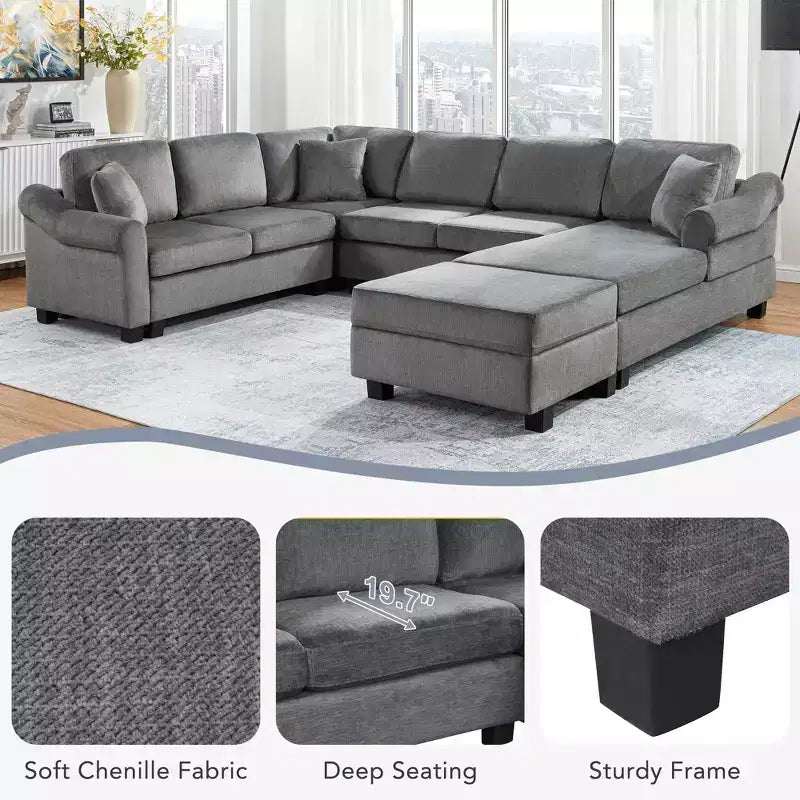 Canapé d'angle 111,8" Canapé en U en chenille avec pouf de rangement mobile, gris foncé