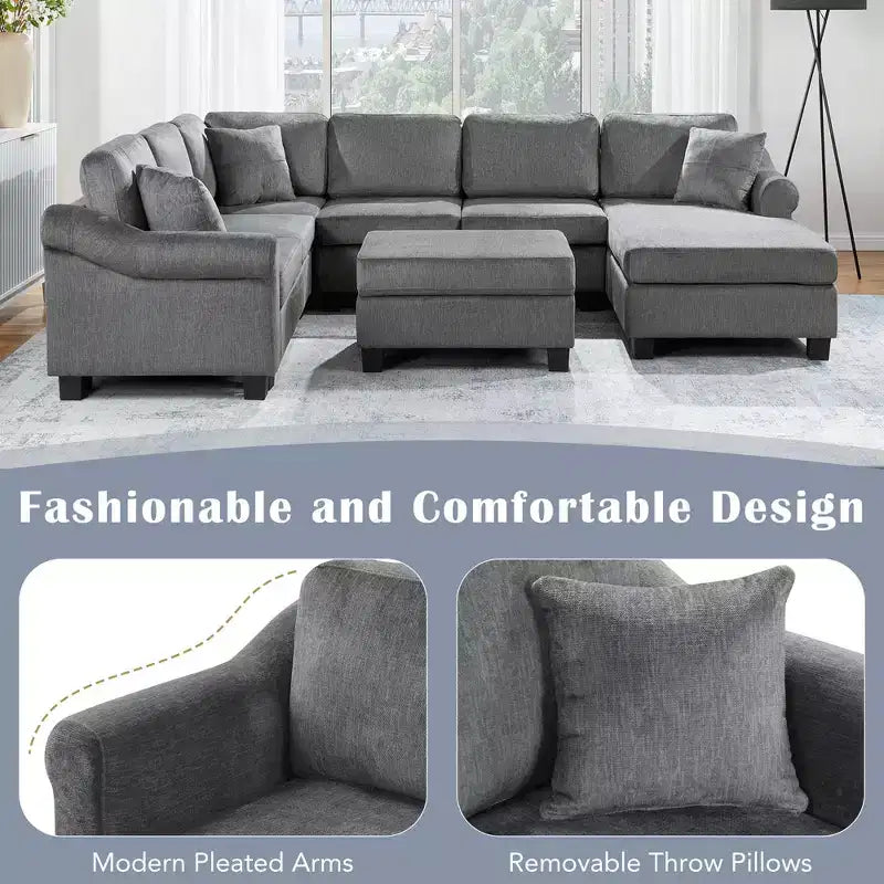 Canapé d'angle 111,8" Canapé en U en chenille avec pouf de rangement mobile, gris foncé