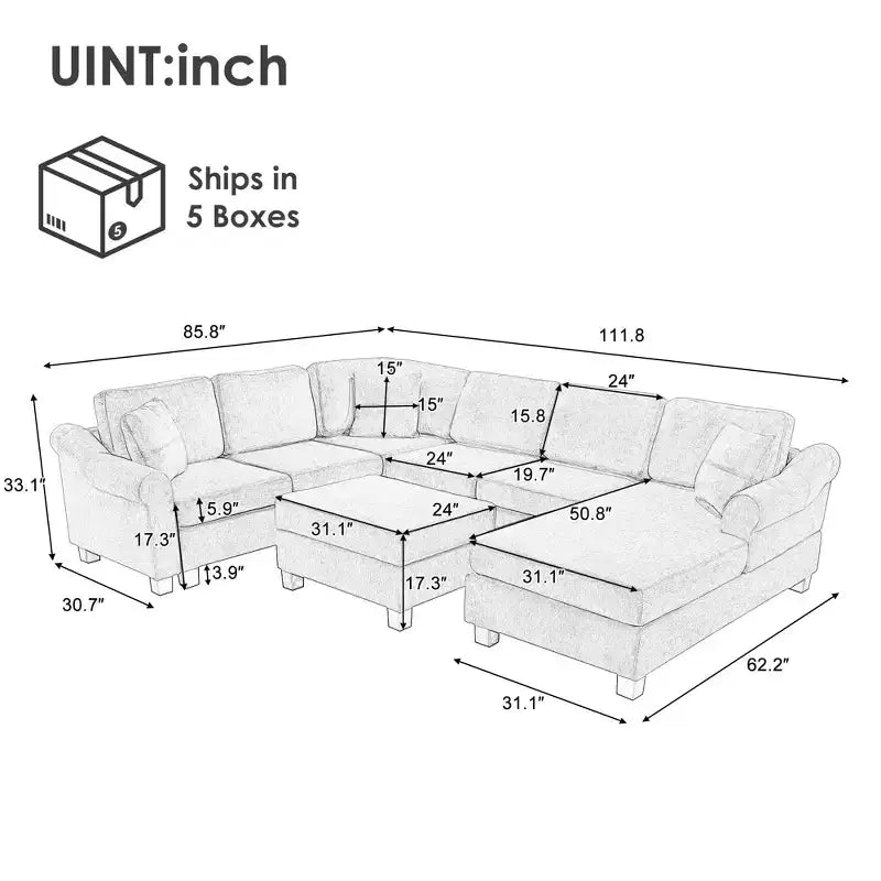 Canapé d'angle 111,8" Canapé en U en chenille avec pouf de rangement mobile, gris foncé