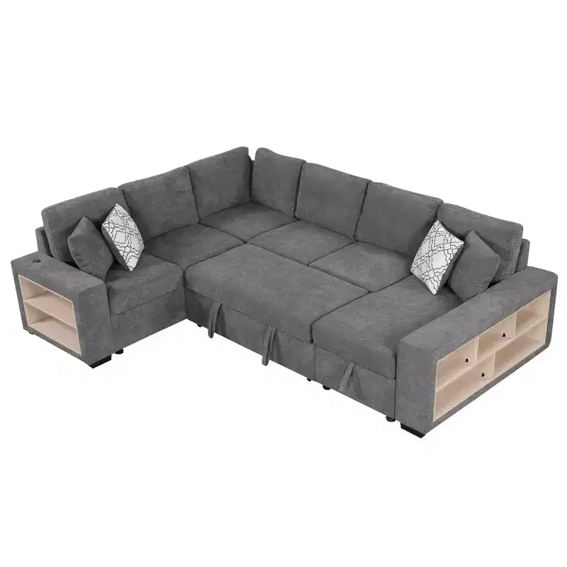 109 U-shaped Sectional Sofa Pull-out Sofa Bed with Two USB Ports, Storage Chaise Lounge and 4 Back Pillows