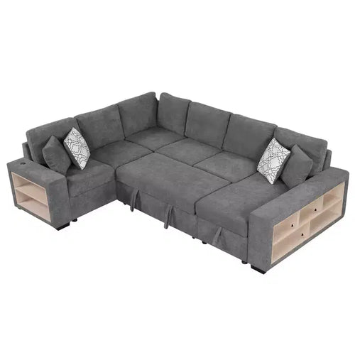 109 U-shaped Sectional Sofa Pull-out Sofa Bed with Two USB Ports, Storage Chaise Lounge and 4 Back Pillows