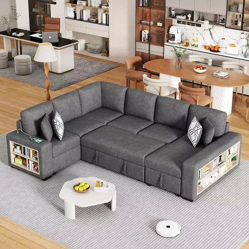 Canapé sectionnel en forme de U de 109 po avec lit escamotable, deux ports USB, méridienne de rangement et 4 coussins de dossier