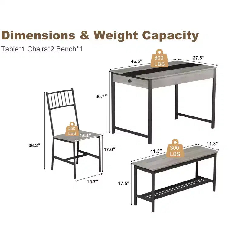 Ensemble de salle à manger 4 pièces avec 2 chaises et 1 banc (table rectangulaire avec deux tiroirs) - Idéal pour la cuisine, la salle à manger ou le jardin