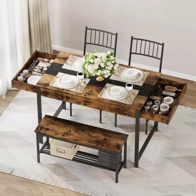 Ensemble de salle à manger 4 pièces avec 2 chaises et 1 banc (table rectangulaire avec deux tiroirs) - Idéal pour la cuisine, la salle à manger ou le jardin