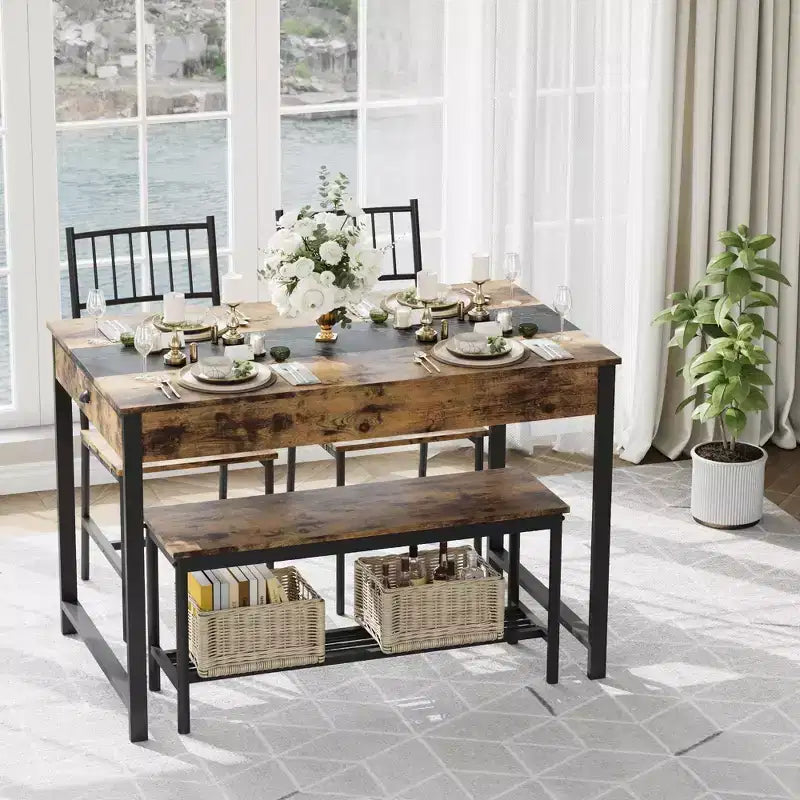 Ensemble de salle à manger 4 pièces avec 2 chaises et 1 banc (table rectangulaire avec deux tiroirs) - Idéal pour la cuisine, la salle à manger ou le jardin
