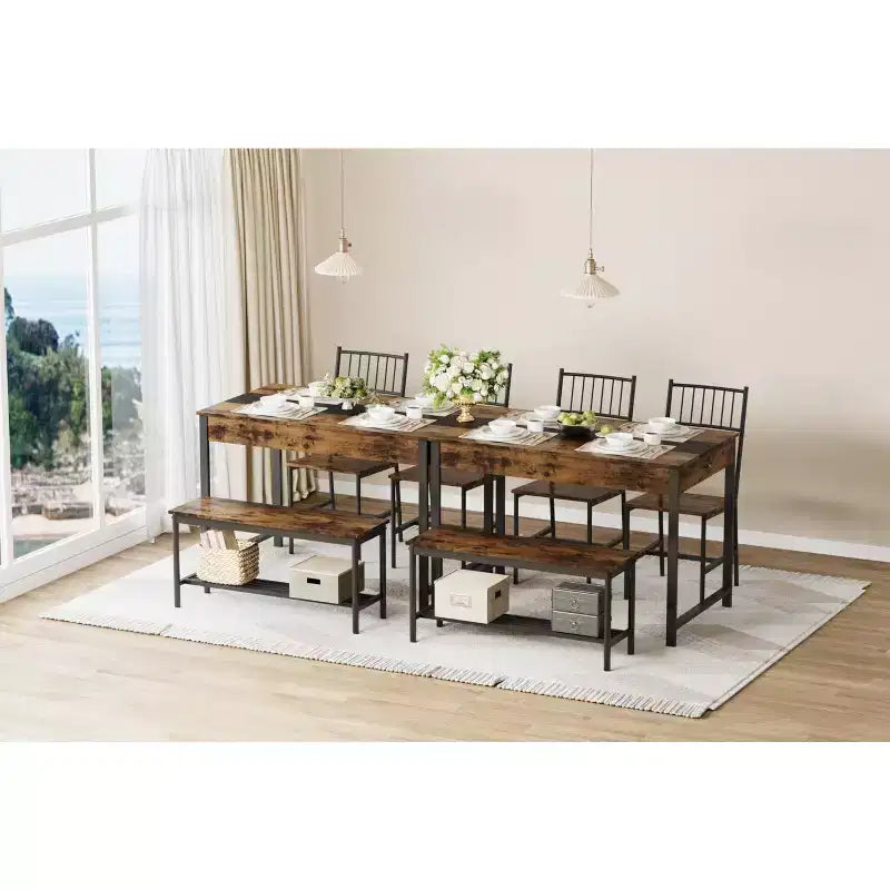 Ensemble de salle à manger 4 pièces avec 2 chaises et 1 banc (table rectangulaire avec deux tiroirs) - Idéal pour la cuisine, la salle à manger ou le jardin
