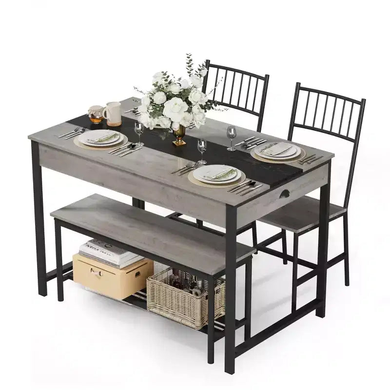 Ensemble de salle à manger 4 pièces avec 2 chaises et 1 banc (table rectangulaire avec deux tiroirs) - Idéal pour la cuisine, la salle à manger ou le jardin