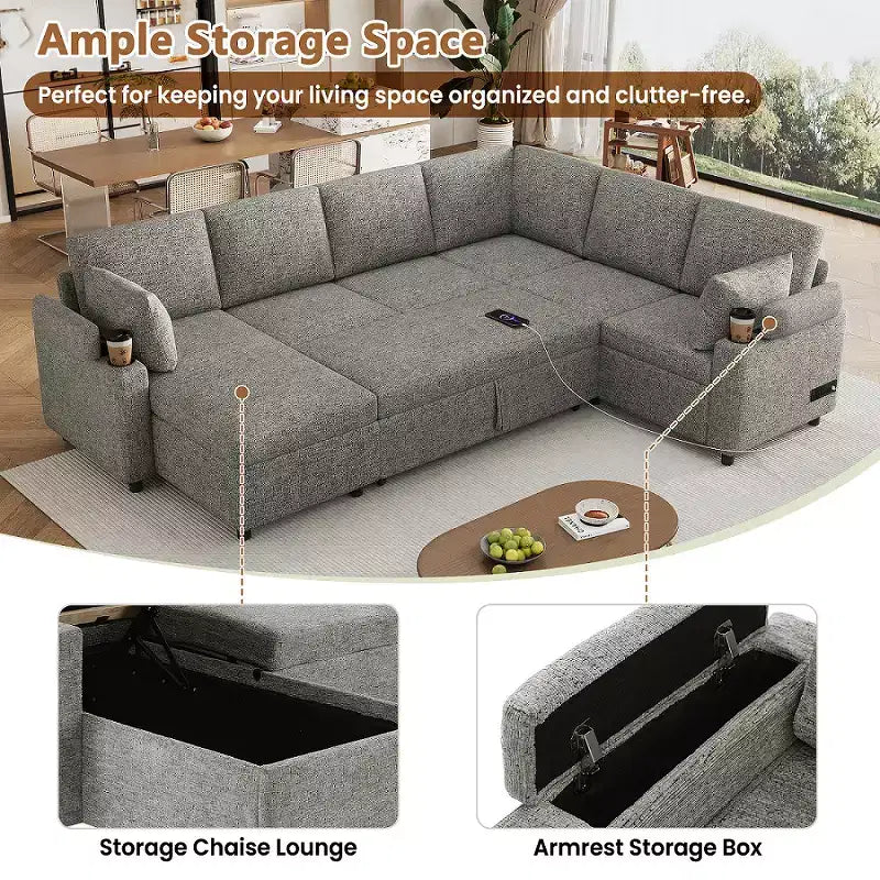 109,9 Sectionnel Convertible Polyvalent avec Espace de Rangement et Ports de Charge