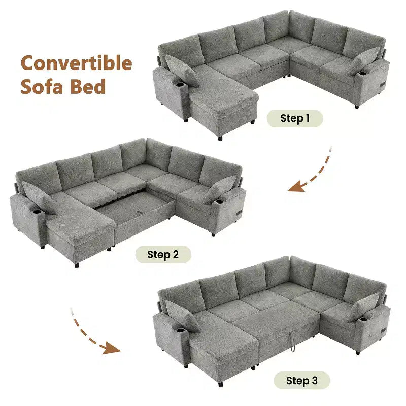 109,9 Sectionnel Convertible Polyvalent avec Espace de Rangement et Ports de Charge