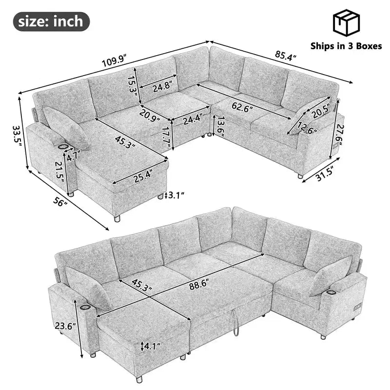 109,9 Sectionnel Convertible Polyvalent avec Espace de Rangement et Ports de Charge