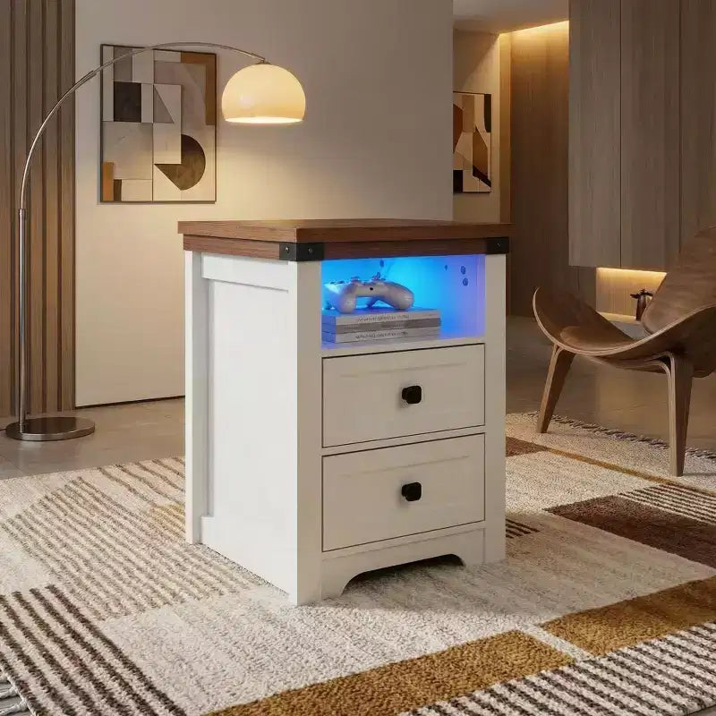 Table de chevet Homy Casa à 2 tiroirs, table d'appoint moderne avec station de charge et lumière LED, blanche