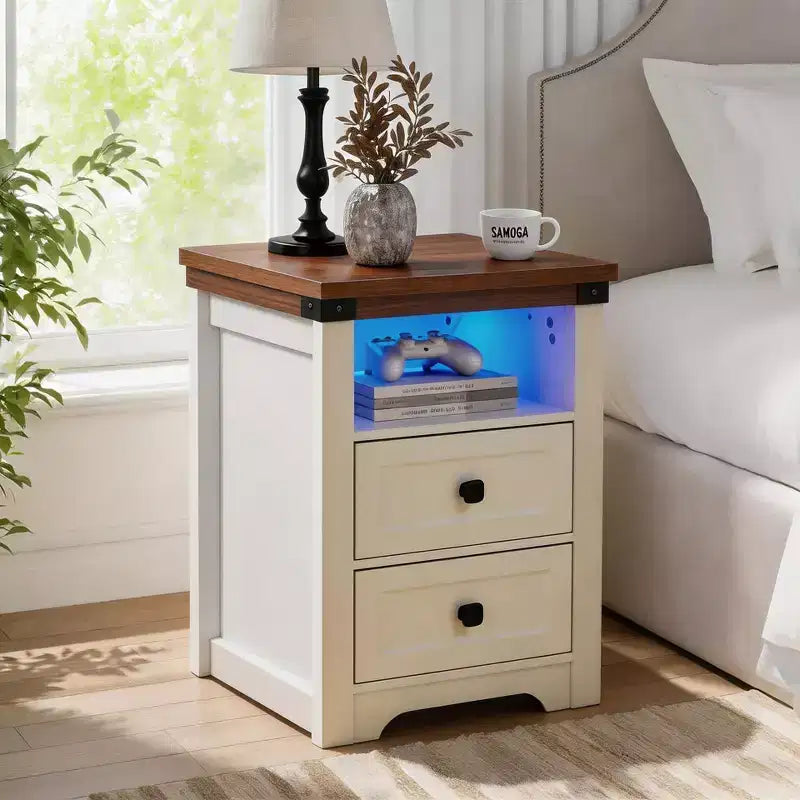 Table de chevet Homy Casa à 2 tiroirs, table d'appoint moderne avec station de charge et lumière LED, blanche
