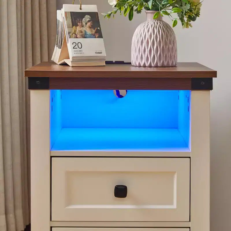 Table de chevet Homy Casa à 2 tiroirs, table d'appoint moderne avec station de charge et lumière LED, blanche