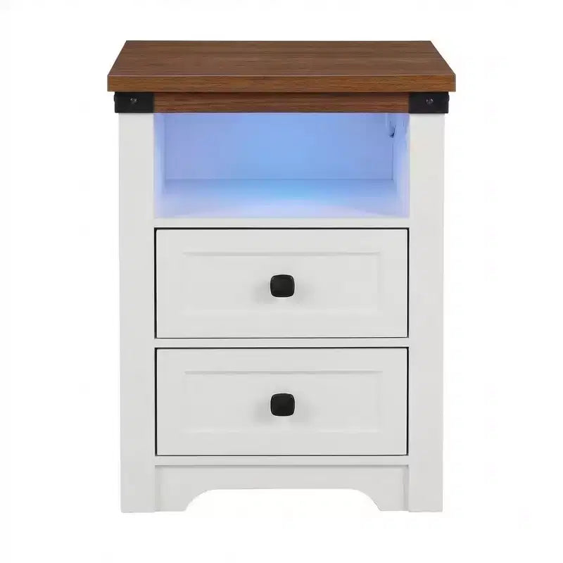Table de chevet Homy Casa à 2 tiroirs, table d'appoint moderne avec station de charge et lumière LED, blanche