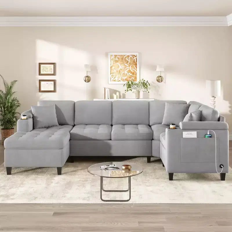 Canapé d'angle en U 293,9 cm Canapé d'angle surdimensionné pour salon avec porte-gobelets intégrés, espace de rangement et ports USB