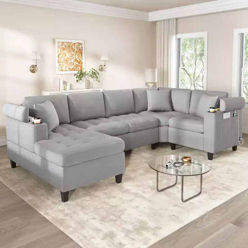 Canapé d'angle en U 293,9 cm Canapé d'angle surdimensionné pour salon avec porte-gobelets intégrés, espace de rangement et ports USB