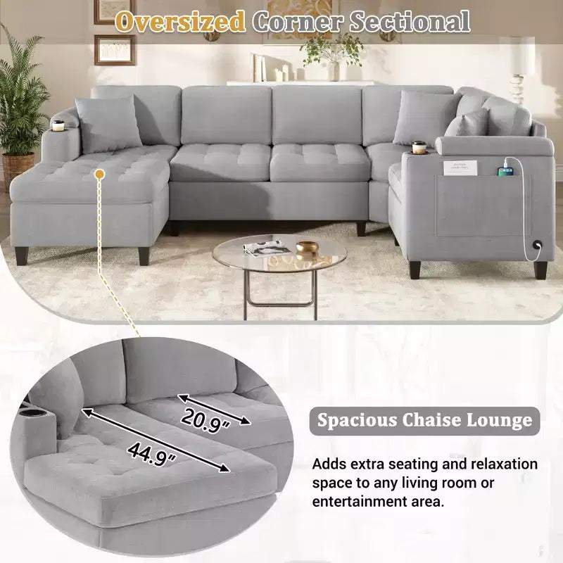 Canapé d'angle en U 293,9 cm Canapé d'angle surdimensionné pour salon avec porte-gobelets intégrés, espace de rangement et ports USB