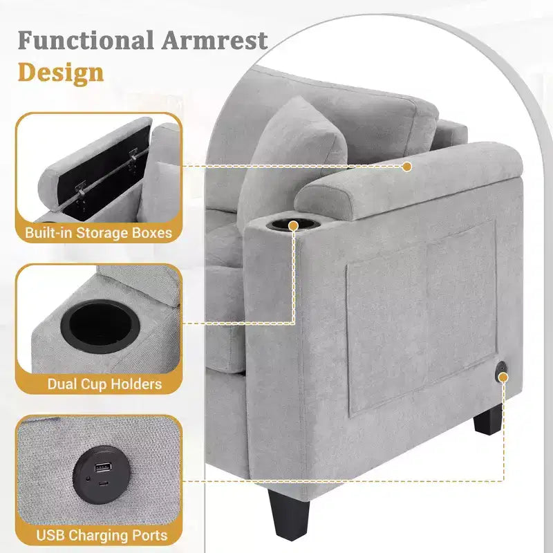 Canapé d'angle en U 293,9 cm Canapé d'angle surdimensionné pour salon avec porte-gobelets intégrés, espace de rangement et ports USB