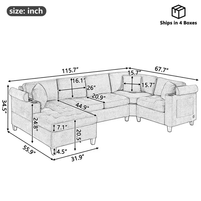 Canapé d'angle en U 293,9 cm Canapé d'angle surdimensionné pour salon avec porte-gobelets intégrés, espace de rangement et ports USB