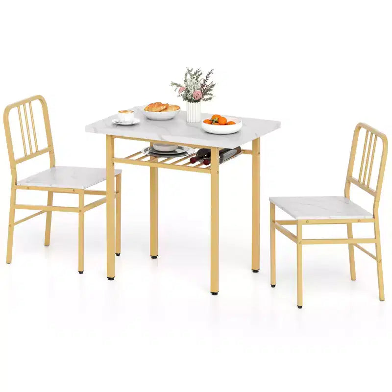 Costway Ensemble Table à Manger Rectangulaire 3 Pièces et Chaises Coin Repas en Bois avec Étagère de Rangement