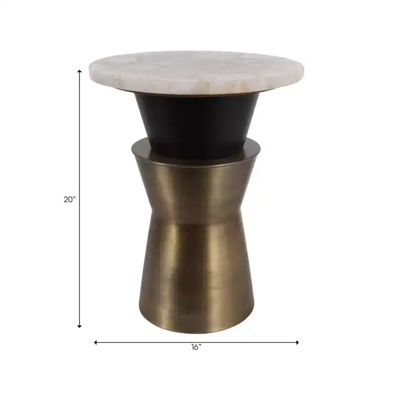 Table d'appoint et de bout ronde décorative pour petits espaces - Plateau en agate avec base en métal pour la décoration du salon et de la chambre - 20, doré et blanc