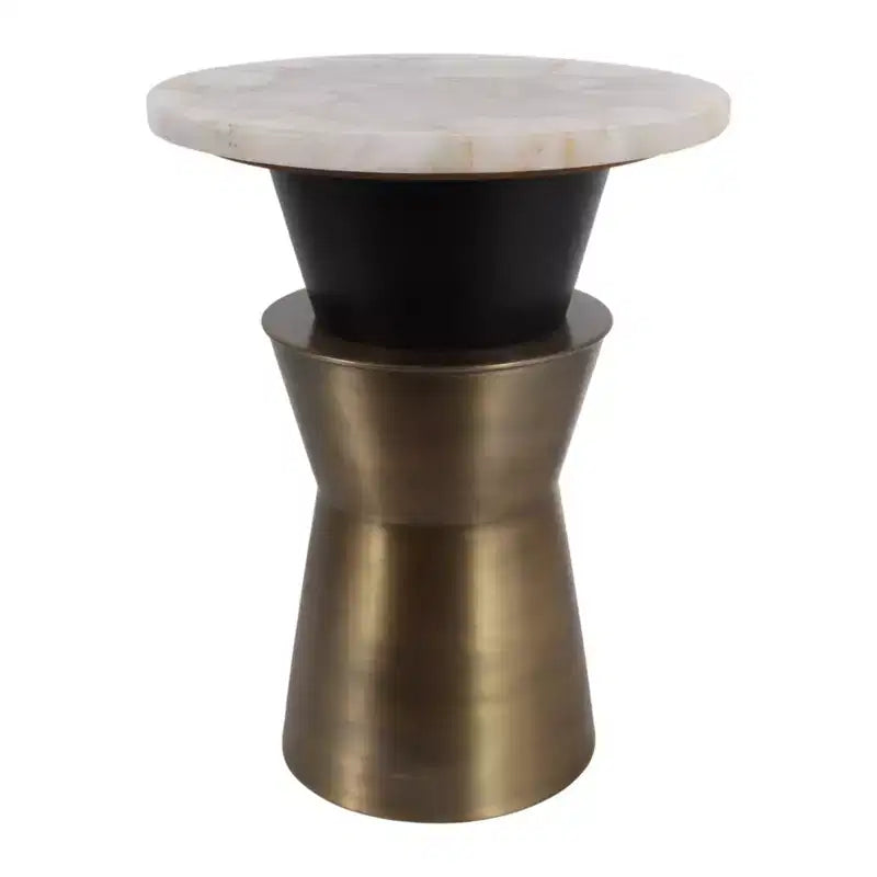 Table d'appoint et de bout ronde décorative pour petits espaces - Plateau en agate avec base en métal pour la décoration du salon et de la chambre - 20, doré et blanc