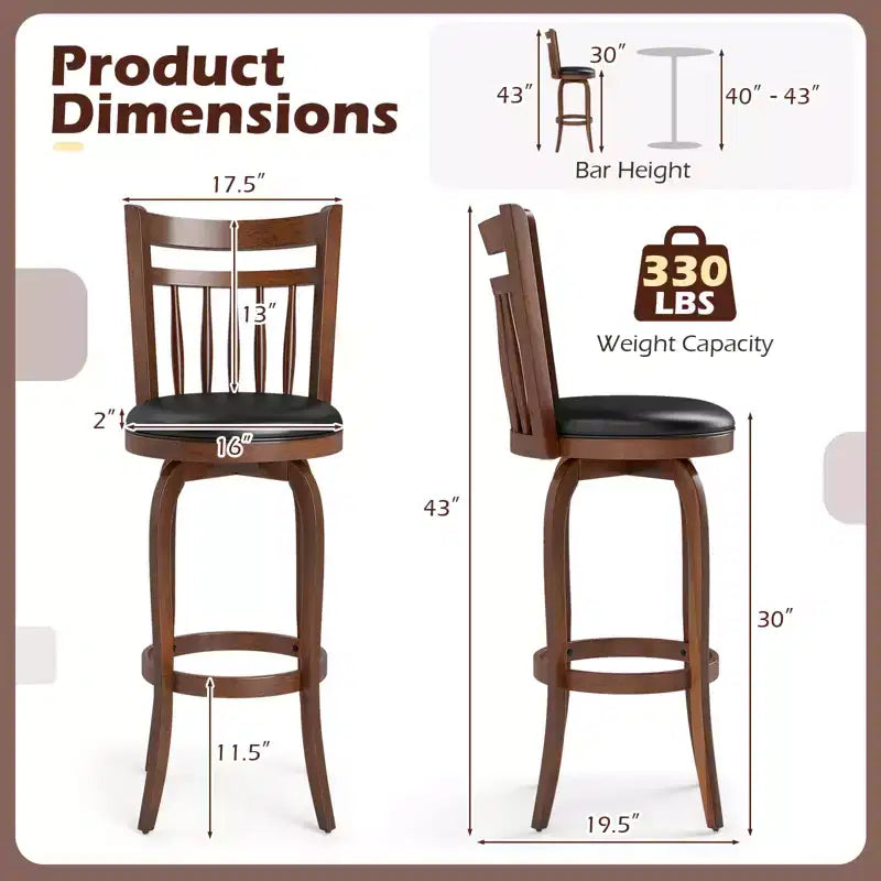 Costway Lot de 2/4 tabourets de bar pivotants 24/30" avec dossier, pieds en bois massif et repose-pieds pour bar domestique expresso et noir