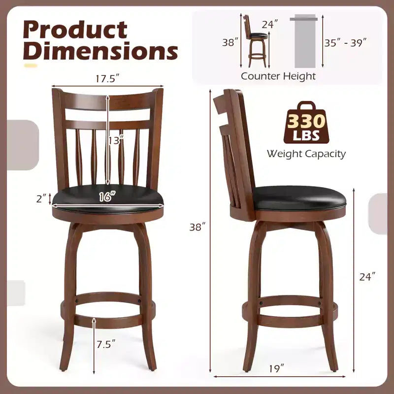 Costway Lot de 2/4 tabourets de bar pivotants 24/30" avec dossier, pieds en bois massif et repose-pieds pour bar domestique expresso et noir
