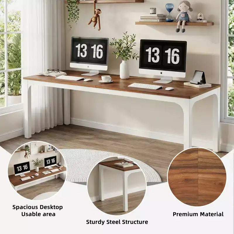 MAYEERTY 78,7 - Bureau double poste industriel extra long, bureau à domicile pour 2 personnes avec cadre métallique robuste, plateau de table en MDF capacité 90 kg
