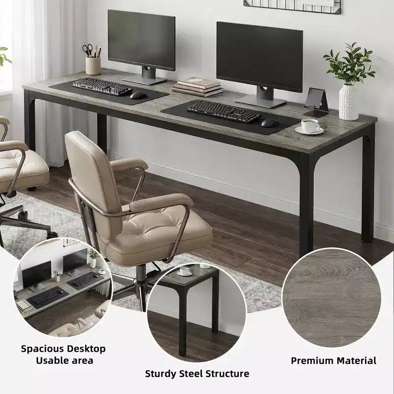 MAYEERTY 78,7 - Bureau double poste industriel extra long, bureau à domicile pour 2 personnes avec cadre métallique robuste, plateau de table en MDF capacité 90 kg