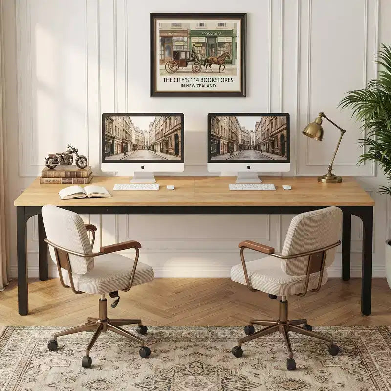 MAYEERTY 78,7 - Bureau double poste industriel extra long, bureau à domicile pour 2 personnes avec cadre métallique robuste, plateau de table en MDF capacité 90 kg
